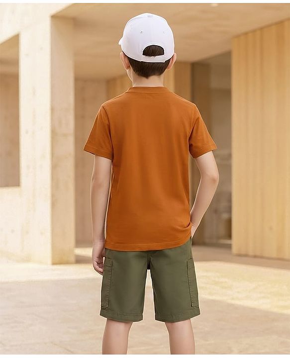 Pine Kids Cotton Knit Half Sleeves Solid T-Shirt & Shorts Set - Orange & Olive Green