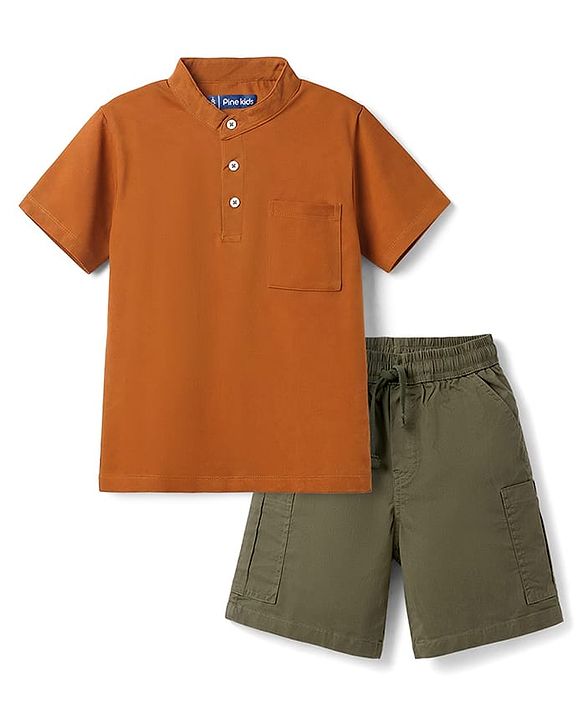 Pine Kids Cotton Knit Half Sleeves Solid T-Shirt & Shorts Set - Orange & Olive Green