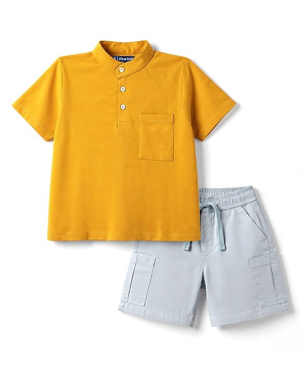 Pine Kids Cotton Knit Half Sleeves T-Shirt & Shorts Set - Golden & Grey