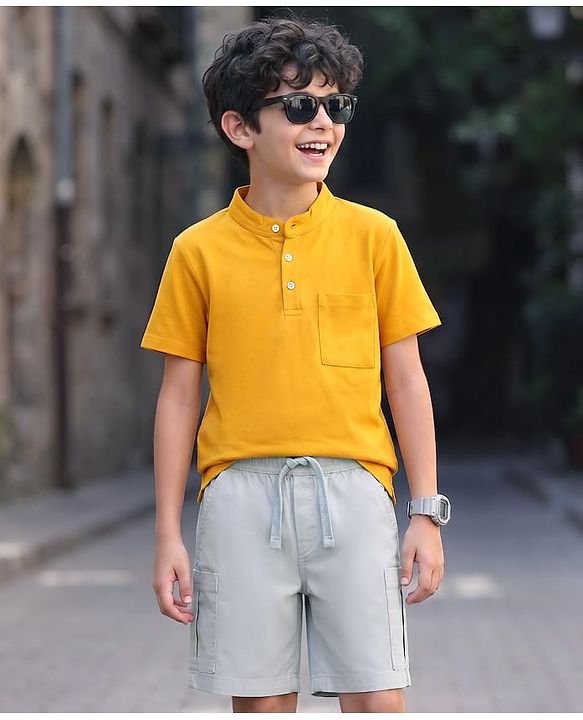 Pine Kids Cotton Knit Half Sleeves T-Shirt & Shorts Set - Golden & Grey