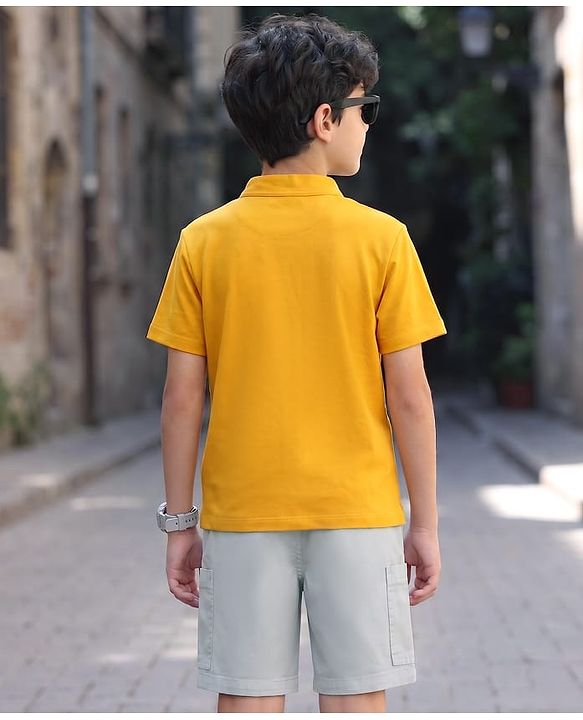 Pine Kids Cotton Knit Half Sleeves T-Shirt & Shorts Set - Golden & Grey