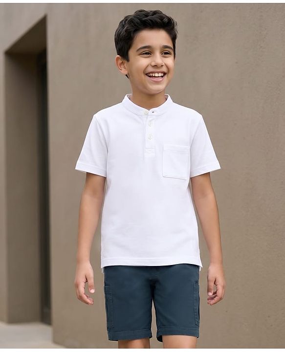 Pine Kids Cotton Knit Half Sleeves Solid T-Shirt & Shorts Set - White & Navy Blue