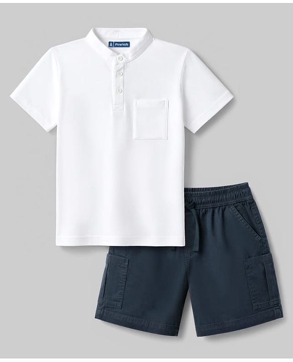Pine Kids Cotton Knit Half Sleeves Solid T-Shirt & Shorts Set - White & Navy Blue