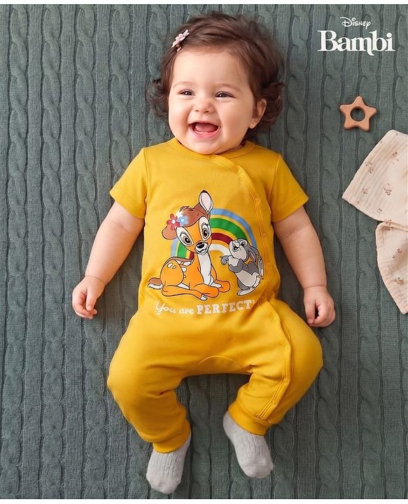 Babyhug Disney 100% Cotton Knit Half Sleeves Romper With Bambi Graphic - Yellow