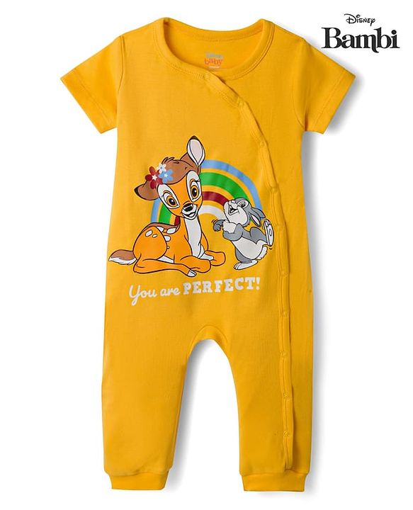 Babyhug Disney 100% Cotton Knit Half Sleeves Romper With Bambi Graphic - Yellow