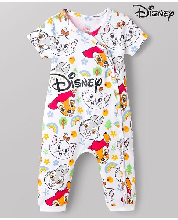 Babyhug Disney 100% Cotton Knit Half Sleeves Romper With Aristocats Marie Graphic - White