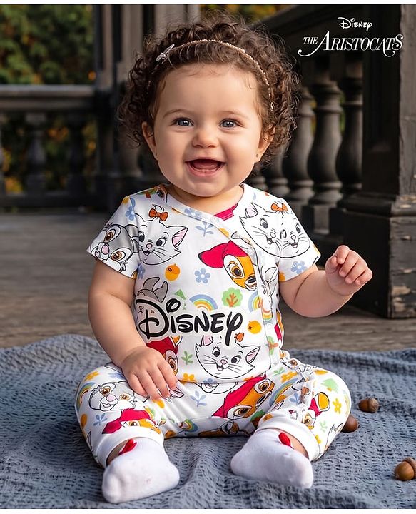Babyhug Disney 100% Cotton Knit Half Sleeves Romper With Aristocats Marie Graphic - White