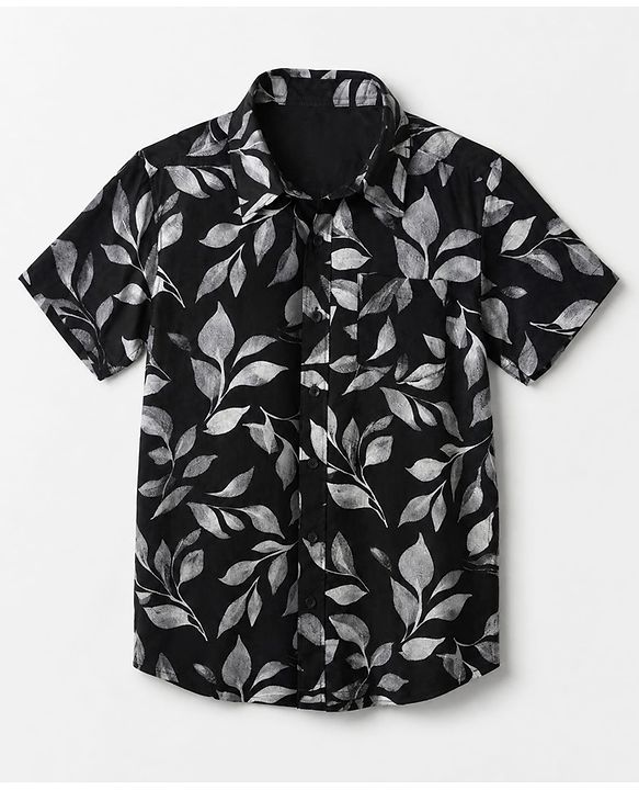 Pine Kids Cotton Woven Shirt with Half Sleeves and Leaf Print in Black