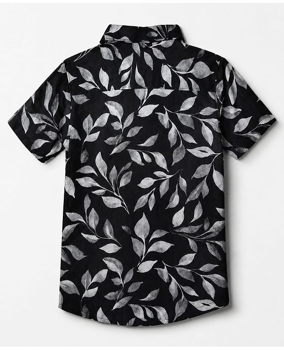Pine Kids Cotton Woven Shirt with Half Sleeves and Leaf Print in Black