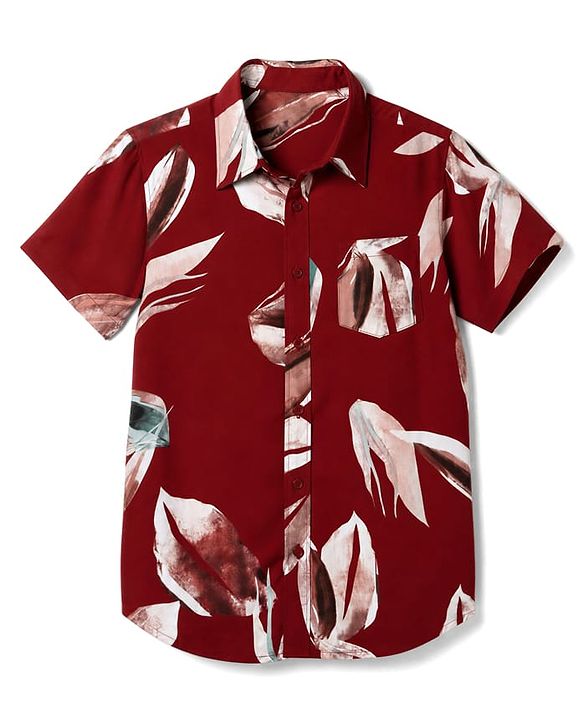 Pine Kids Cotton Woven Half Sleeves Leafy Printed Shirt - Dark Red
