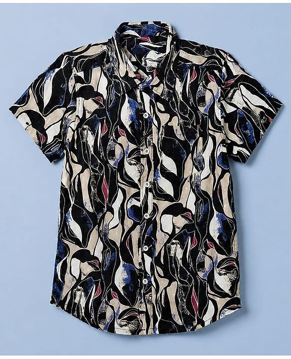 Pine Kids Cotton Woven Half Sleeves Abstract Printed Shirt With Text Printed Inner Tee - Black