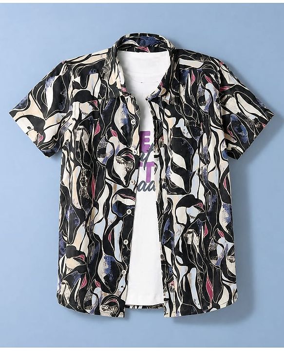 Pine Kids Cotton Woven Half Sleeves Abstract Printed Shirt With Text Printed Inner Tee - Black