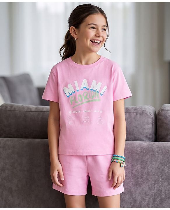 Pine Kids Cotton Knit Half Sleeves Top & Shorts Set with Miami Print - Pink