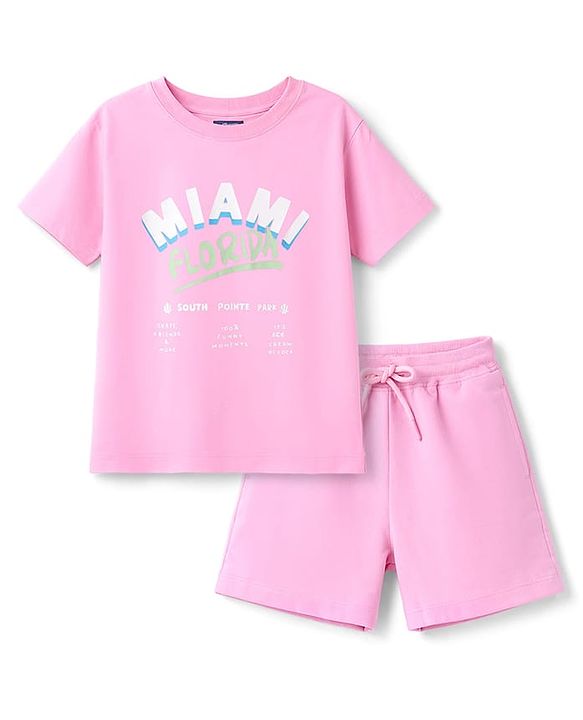 Pine Kids Cotton Knit Half Sleeves Top & Shorts Set with Miami Print - Pink