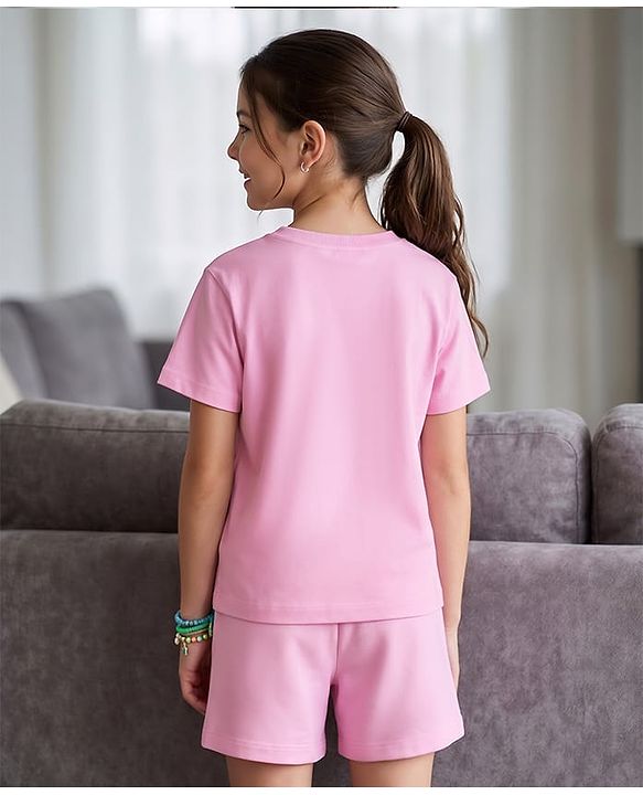 Pine Kids Cotton Knit Half Sleeves Top & Shorts Set with Miami Print - Pink
