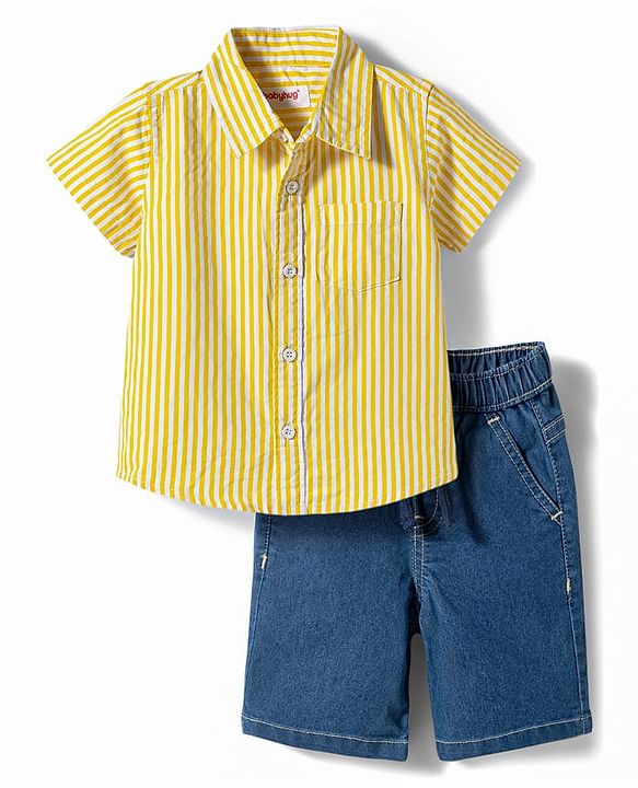 Babyhug Cotton Woven Half Sleeves Striped Shirt & Denim Shorts Set - Multicolor