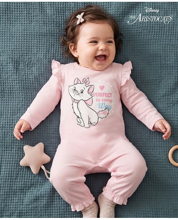 Babyhug Disney Interlock Knit Full Sleeves Romper With Marie Graphics - Pink