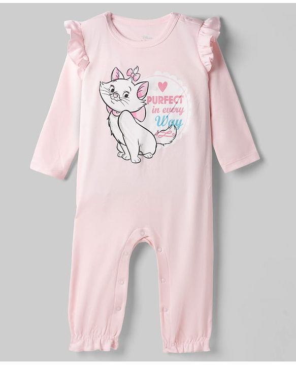Babyhug Disney Interlock Knit Full Sleeves Romper With Marie Graphics - Pink
