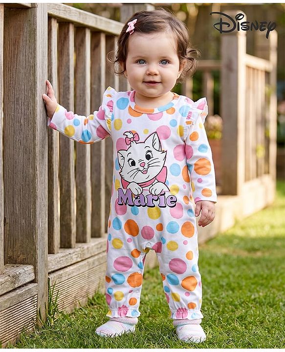 Babyhug Disney Interlock Knit Full Sleeves Romper With Marie Graphics - White