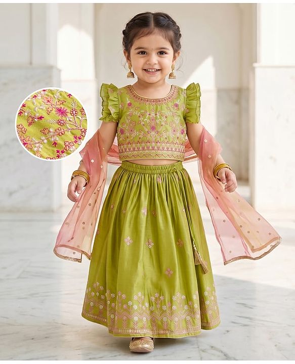 Babyhug Woven Frill Sleeves Georgett Embroidered & Sequinned Lehenga Choli & Dupatta Set- Lime Green