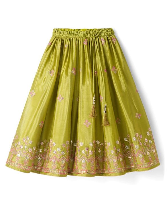 Babyhug Woven Frill Sleeves Georgett Embroidered & Sequinned Lehenga Choli & Dupatta Set- Lime Green