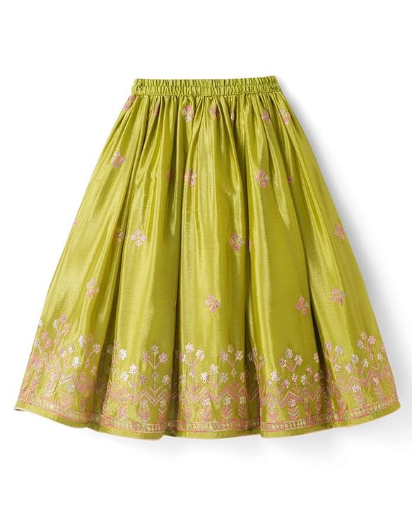 Babyhug Woven Frill Sleeves Georgett Embroidered & Sequinned Lehenga Choli & Dupatta Set- Lime Green