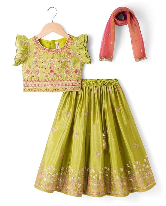 Babyhug Woven Frill Sleeves Georgett Embroidered & Sequinned Lehenga Choli & Dupatta Set- Lime Green