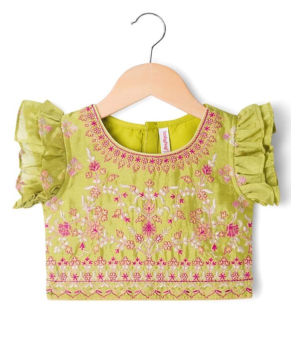 Babyhug Woven Frill Sleeves Georgett Embroidered & Sequinned Lehenga Choli & Dupatta Set- Lime Green