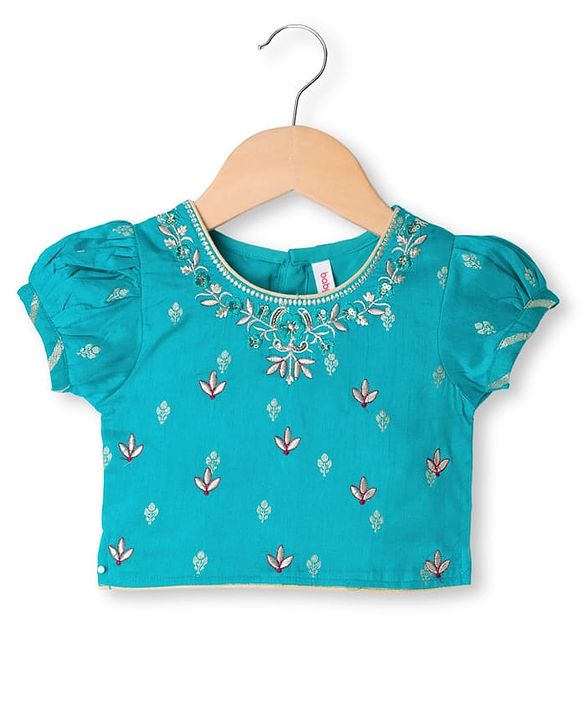 Babyhug Brocade Woven Half Sleeves  Choli Lagenga Dupattta Set with Floral and Sequinned Embroidery - Teal