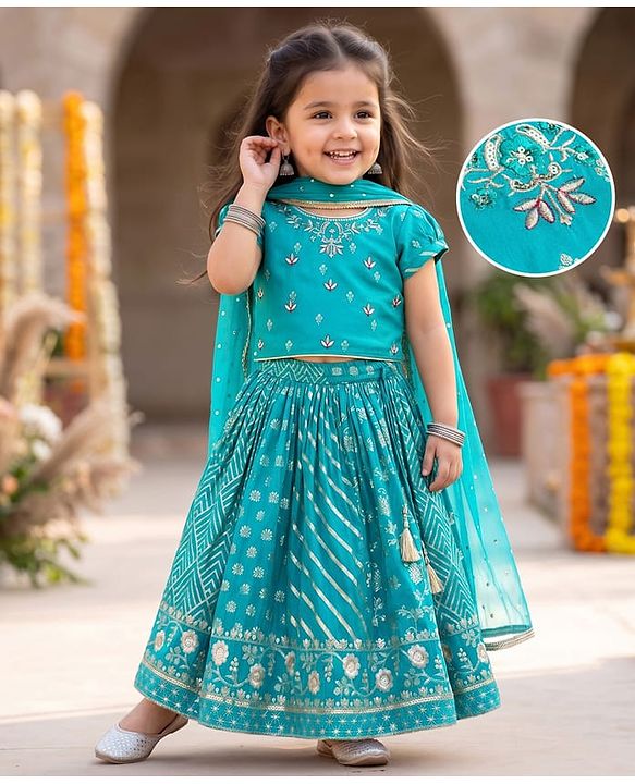 Babyhug Brocade Woven Half Sleeves  Choli Lagenga Dupattta Set with Floral and Sequinned Embroidery - Teal