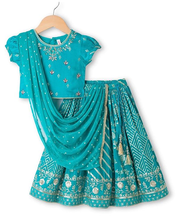 Babyhug Brocade Woven Half Sleeves  Choli Lagenga Dupattta Set with Floral and Sequinned Embroidery - Teal
