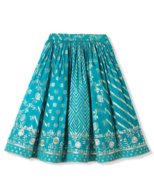Babyhug Brocade Woven Half Sleeves  Choli Lagenga Dupattta Set with Floral and Sequinned Embroidery - Teal