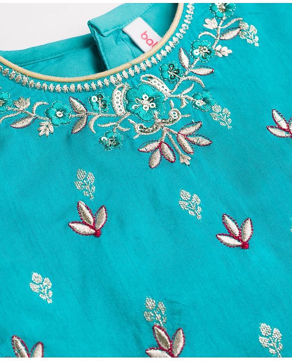 Babyhug Brocade Woven Half Sleeves  Choli Lagenga Dupattta Set with Floral and Sequinned Embroidery - Teal
