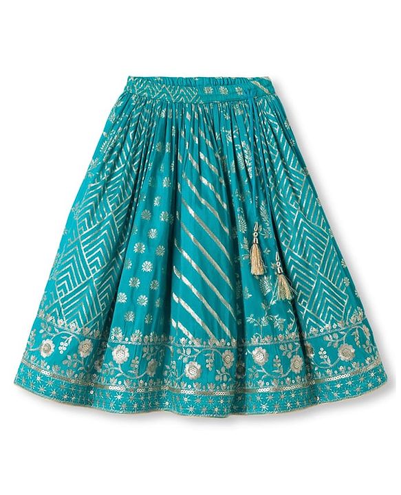 Babyhug Brocade Woven Half Sleeves  Choli Lagenga Dupattta Set with Floral and Sequinned Embroidery - Teal