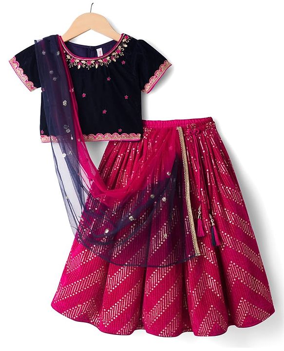 Babyhug Velvet Woven Half Sleeves Embroidered Neck & Sequinned Choli Lahenga & Dupatta Set- Navy & Dark Pink