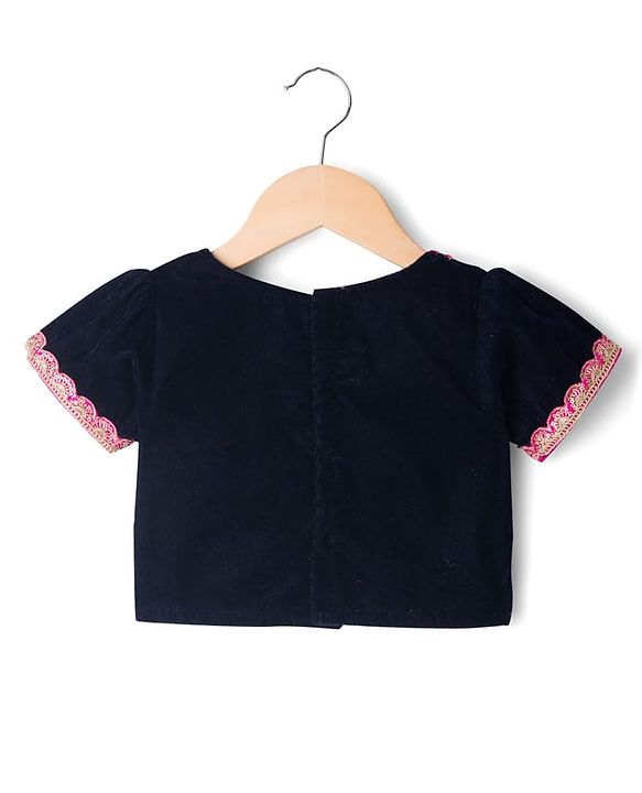 Babyhug Velvet Woven Half Sleeves Embroidered Neck & Sequinned Choli Lahenga & Dupatta Set- Navy & Dark Pink