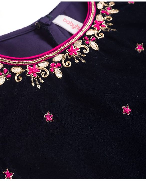 Babyhug Velvet Woven Half Sleeves Embroidered Neck & Sequinned Choli Lahenga & Dupatta Set- Navy & Dark Pink