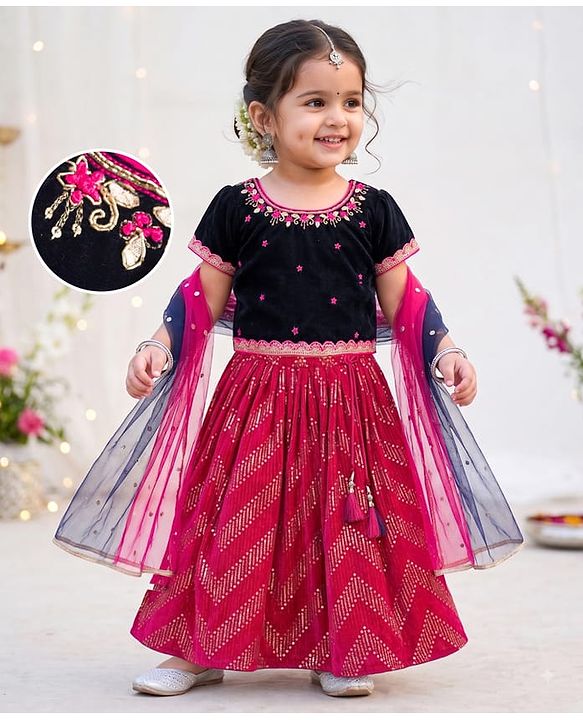 Babyhug Velvet Woven Half Sleeves Embroidered Neck & Sequinned Choli Lahenga & Dupatta Set- Navy & Dark Pink