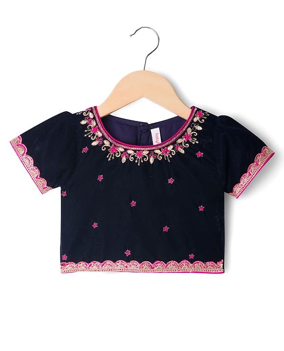 Babyhug Velvet Woven Half Sleeves Embroidered Neck & Sequinned Choli Lahenga & Dupatta Set- Navy & Dark Pink
