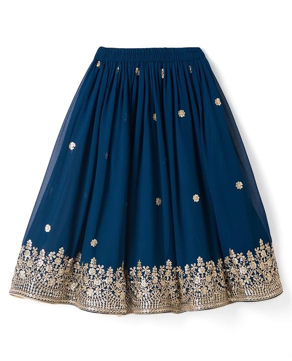 Babyhug Georgette Woven Sleeveless Choli Lahenga Dupatta Set with Sequinned Floral Embroidery - Navy