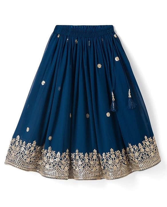 Babyhug Georgette Woven Sleeveless Choli Lahenga Dupatta Set with Sequinned Floral Embroidery - Navy