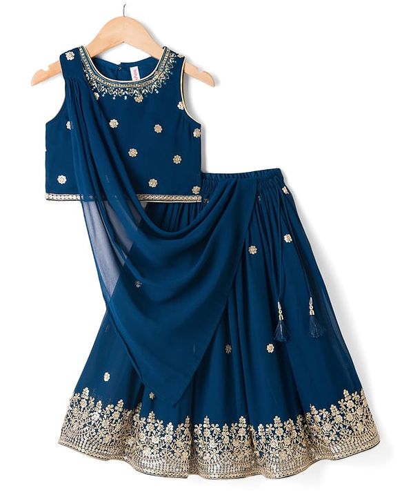 Babyhug Georgette Woven Sleeveless Choli Lahenga Dupatta Set with Sequinned Floral Embroidery - Navy