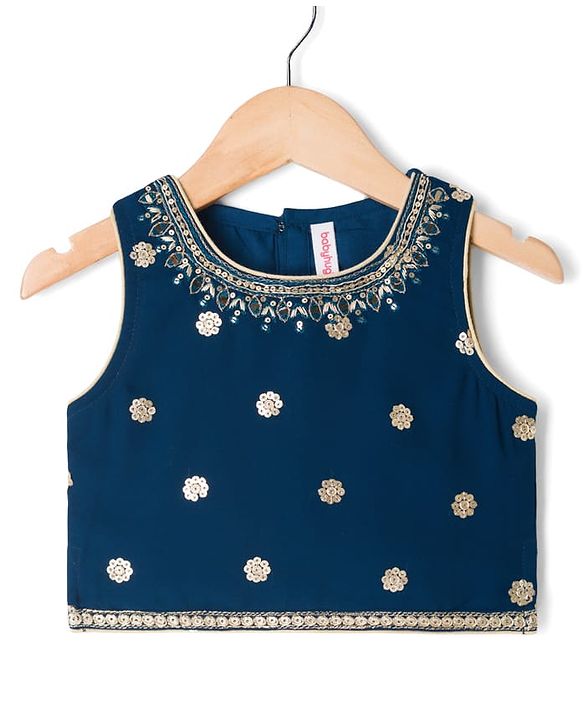 Babyhug Georgette Woven Sleeveless Choli Lahenga Dupatta Set with Sequinned Floral Embroidery - Navy