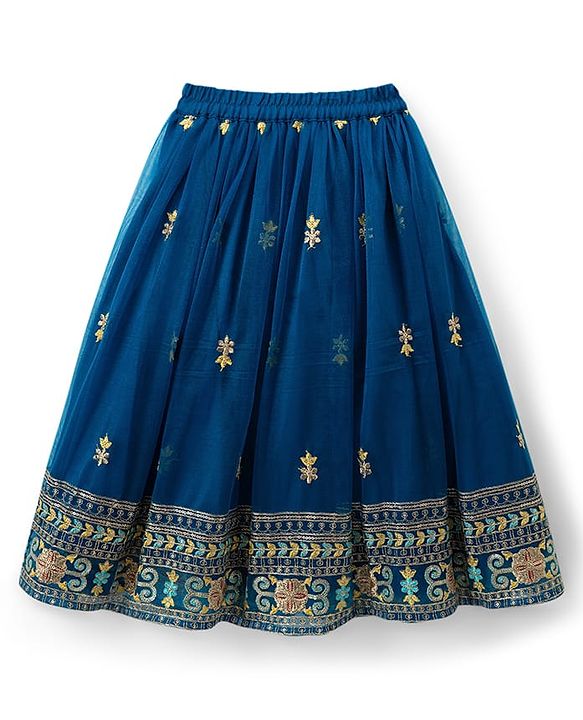 Babyhug Net Woven Half Sleeves Floral Embroidered Choli & Lehenga Set With Dupatta - Blue