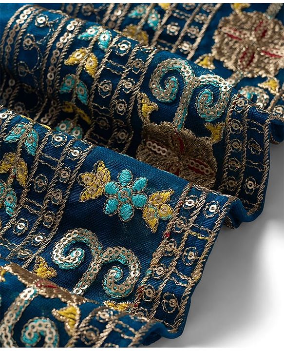 Babyhug Net Woven Half Sleeves Floral Embroidered Choli & Lehenga Set With Dupatta - Blue