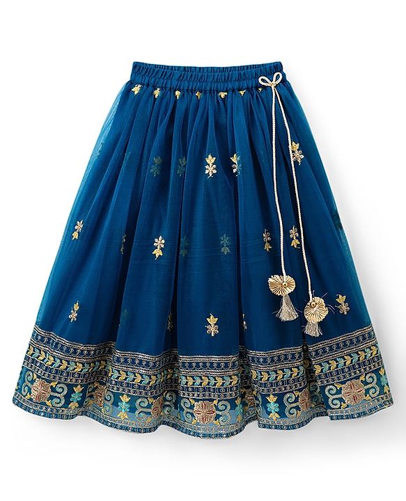 Babyhug Net Woven Half Sleeves Floral Embroidered Choli & Lehenga Set With Dupatta - Blue