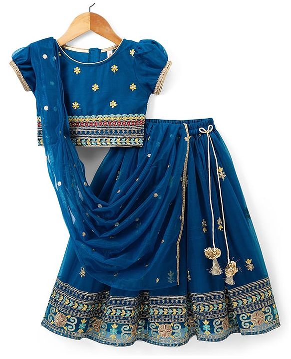 Babyhug Net Woven Half Sleeves Floral Embroidered Choli & Lehenga Set With Dupatta - Blue