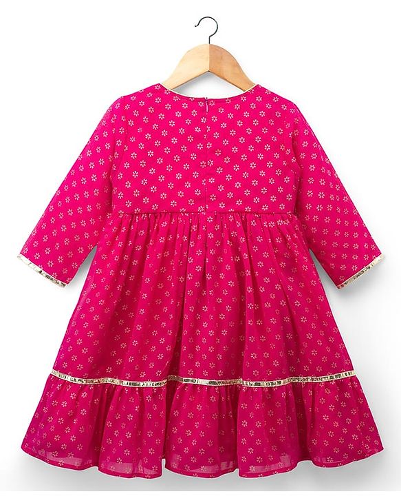 Babyhug Georgette Woven Full Sleeves Printed Ethnic Dress & Jacket With Floral Embroidery - Fuschia