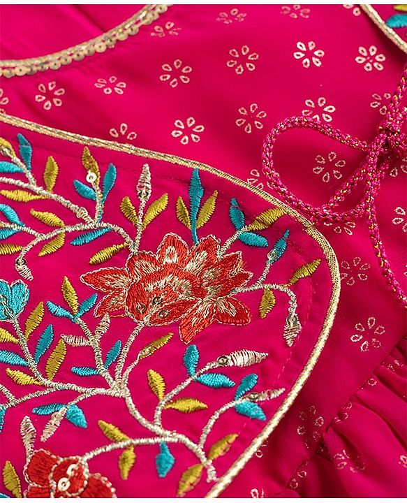 Babyhug Georgette Woven Full Sleeves Printed Ethnic Dress & Jacket With Floral Embroidery - Fuschia