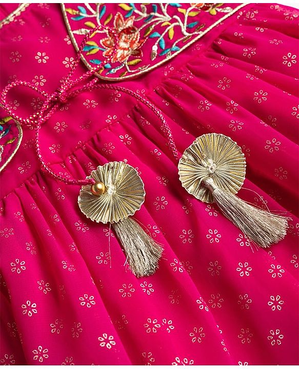 Babyhug Georgette Woven Full Sleeves Printed Ethnic Dress & Jacket With Floral Embroidery - Fuschia